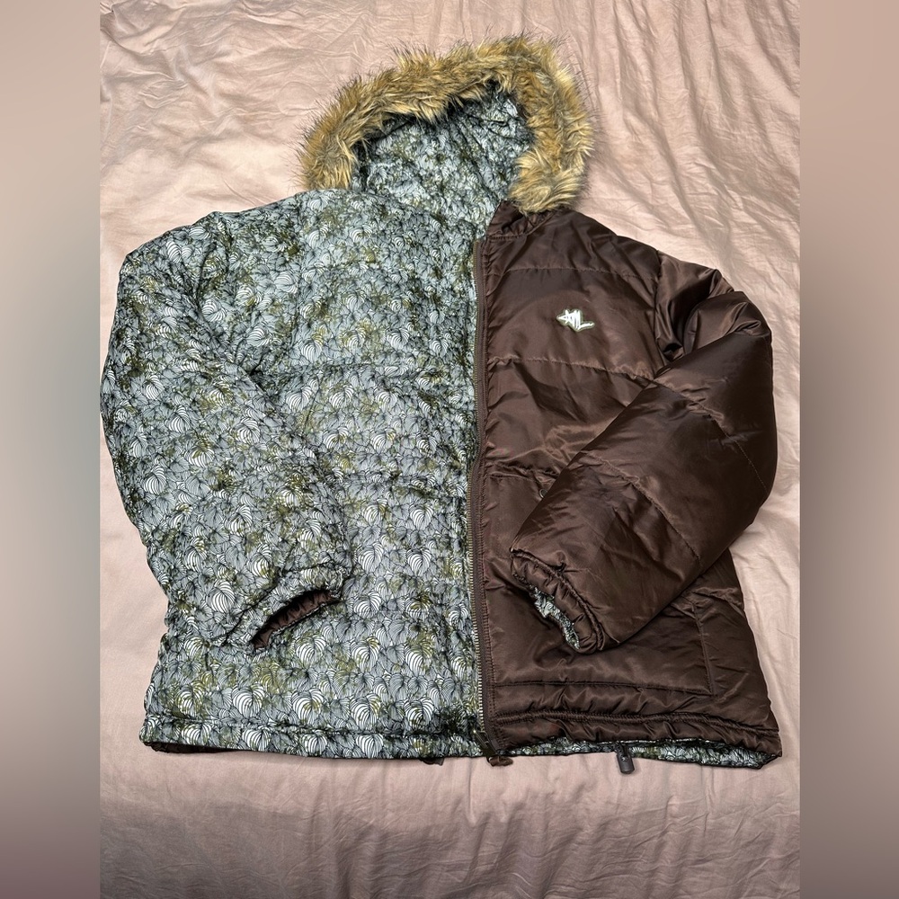 Vintage Mecca Reversible Puffer Coat Kids SZ Large Brown All Over Print Y2K